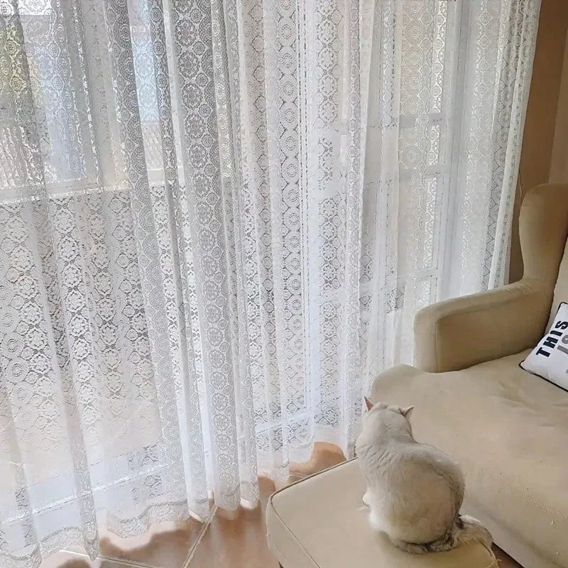 2pcs white lace embroidered mesh knitted sheer curtains in a French retro romantic style, for home decoration.