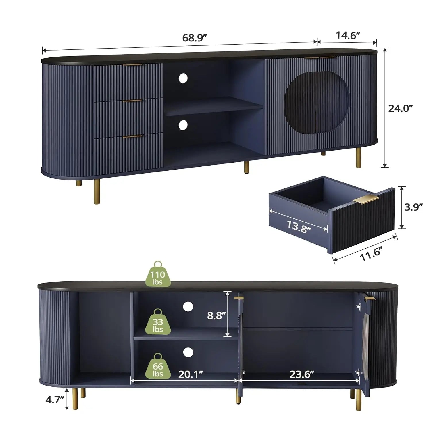 69" Fluted TV Stand Storage Console 3 Drawers & Doors Faux Marble Top Blue