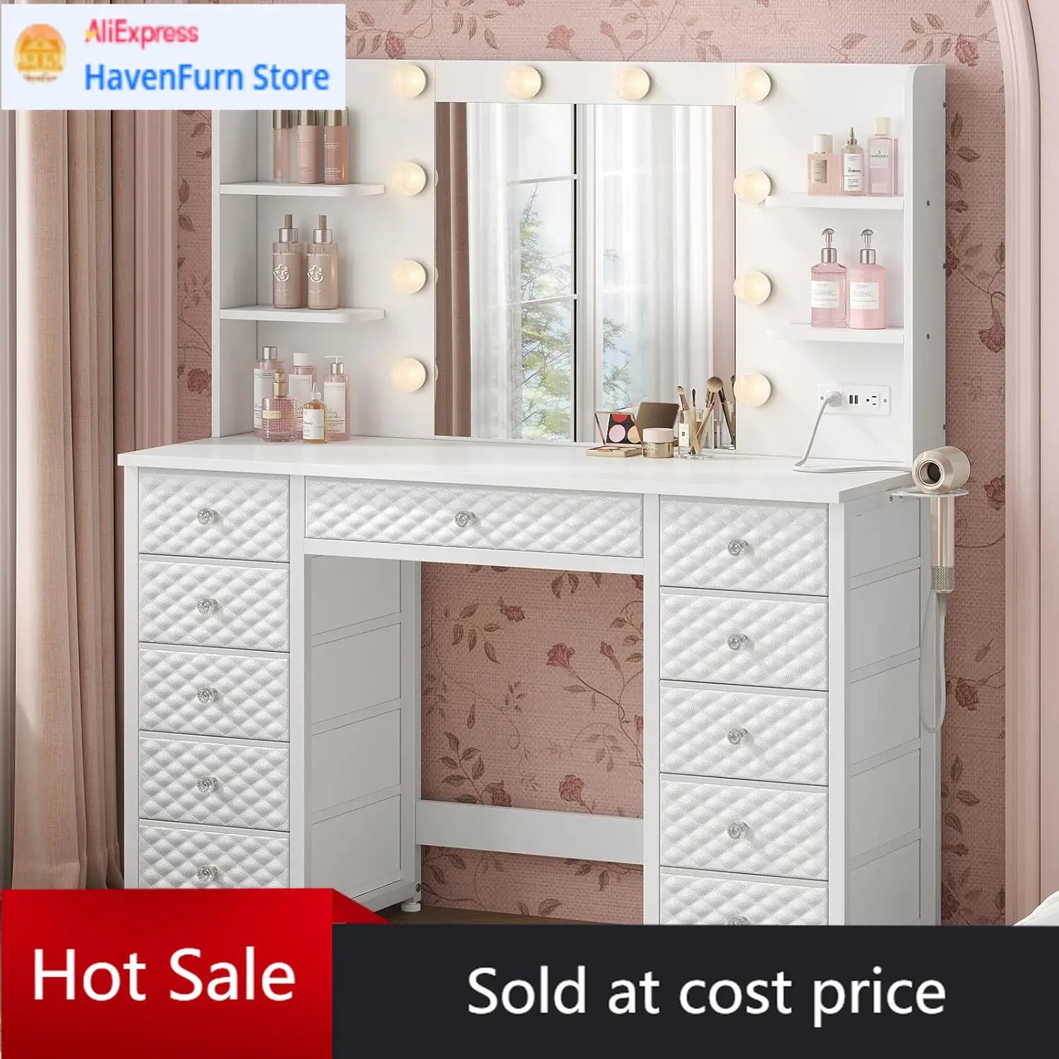 Vanity with Lights and Mirror, 11 Drawer