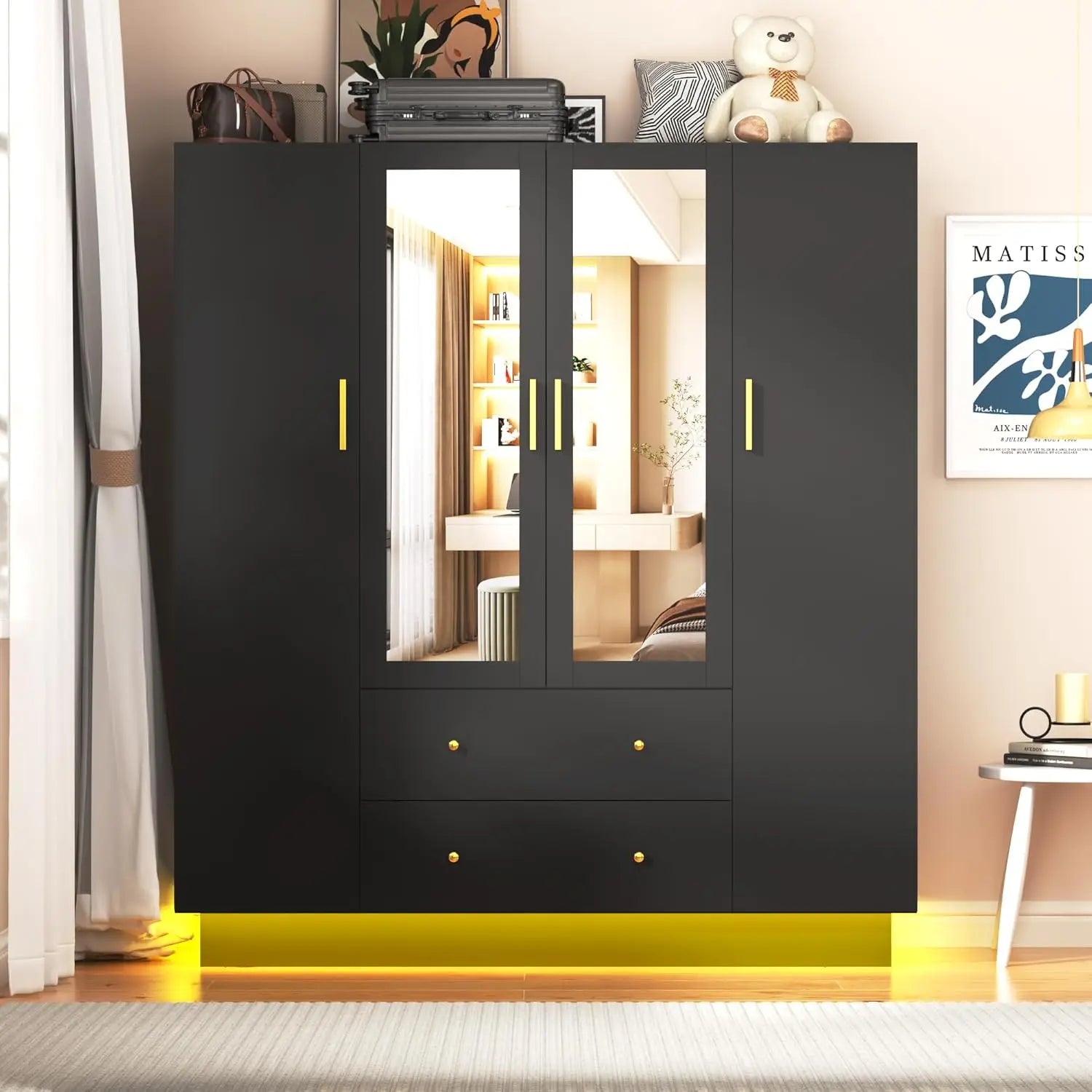 4 Doors Armoire Wardrobe Closet with Mirror