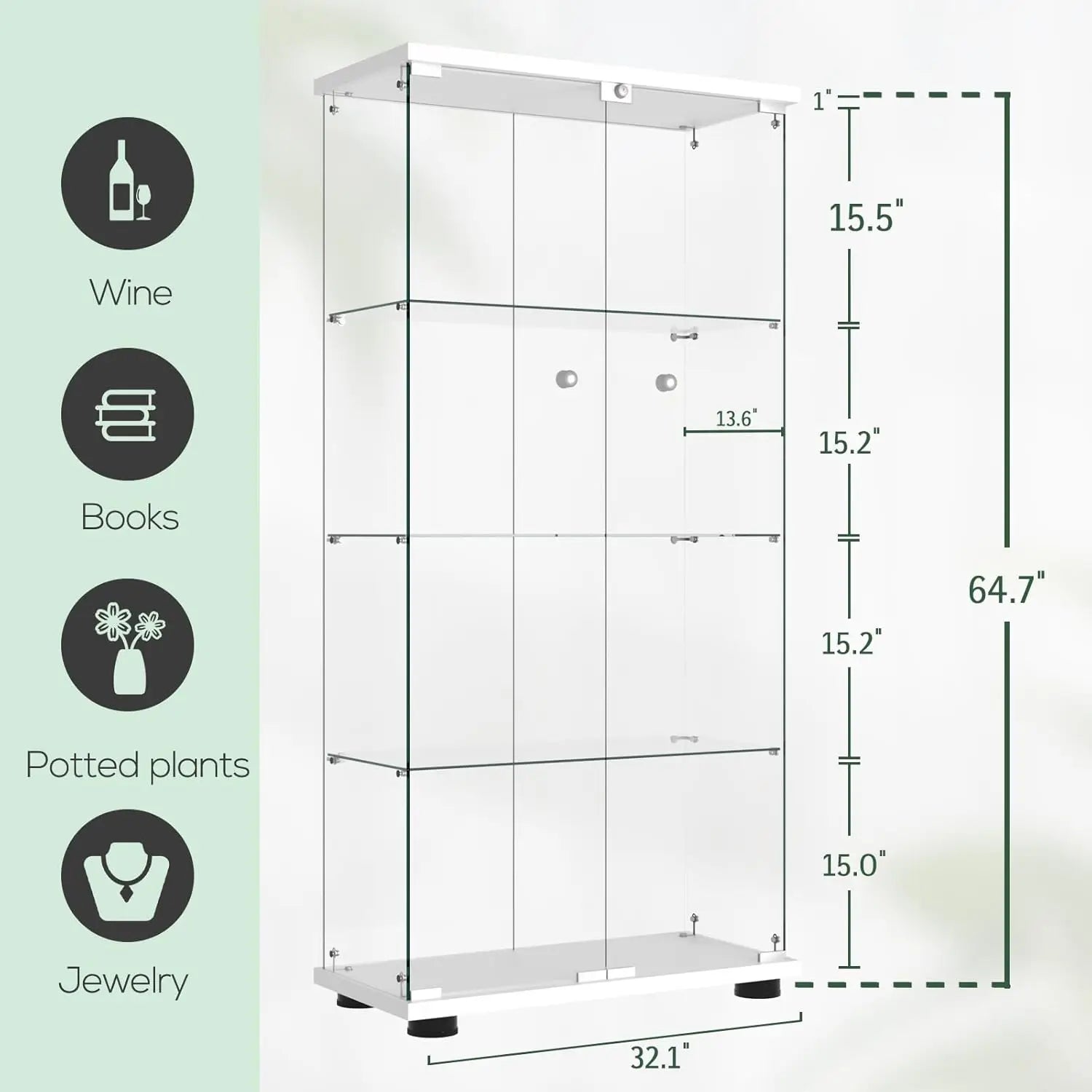 Glass Display Cabinet with Double Door and Lock