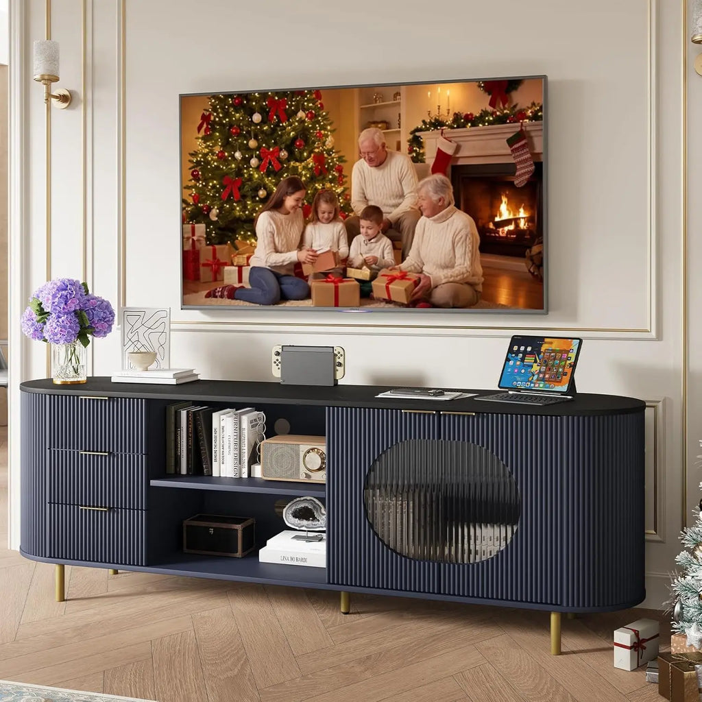 69" Fluted TV Stand Storage Console 3 Drawers & Doors Faux Marble Top Blue