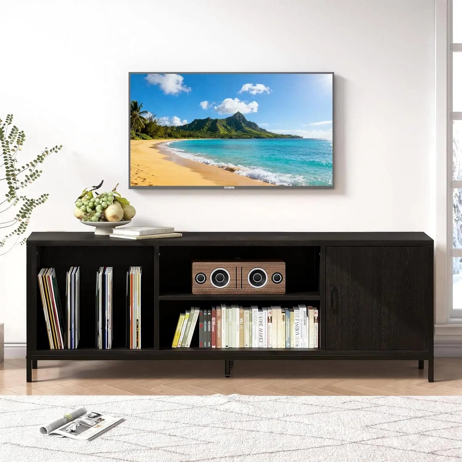 69" Fluted TV Stand Storage Console 3 Drawers & Doors Faux Marble Top Blue