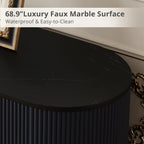 69" Fluted TV Stand Storage Console 3 Drawers & Doors Faux Marble Top Blue