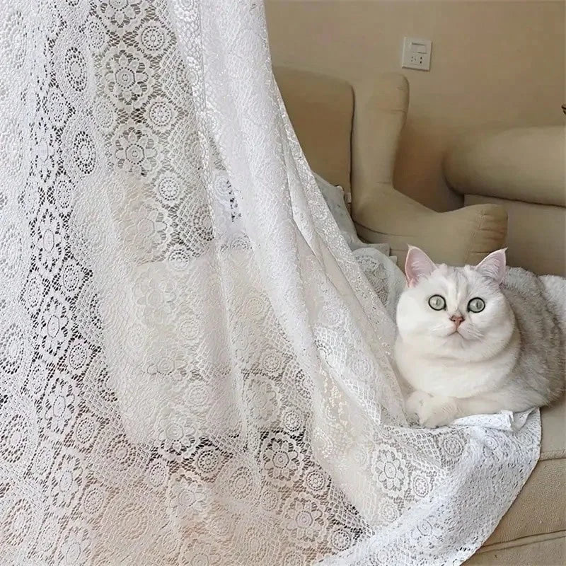 2pcs white lace embroidered mesh knitted sheer curtains in a French retro romantic style, for home decoration.