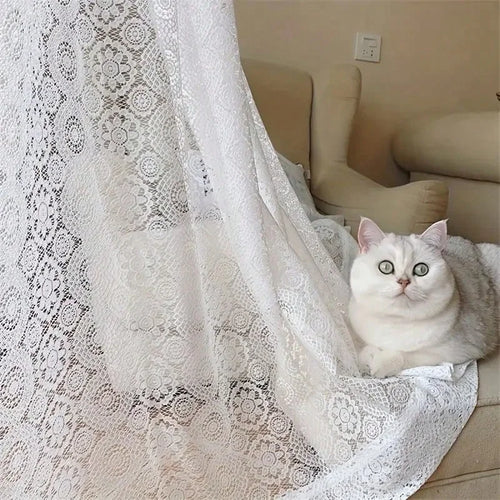 2pcs white lace embroidered mesh knitted sheer curtains in a French retro romantic style, for home decoration.