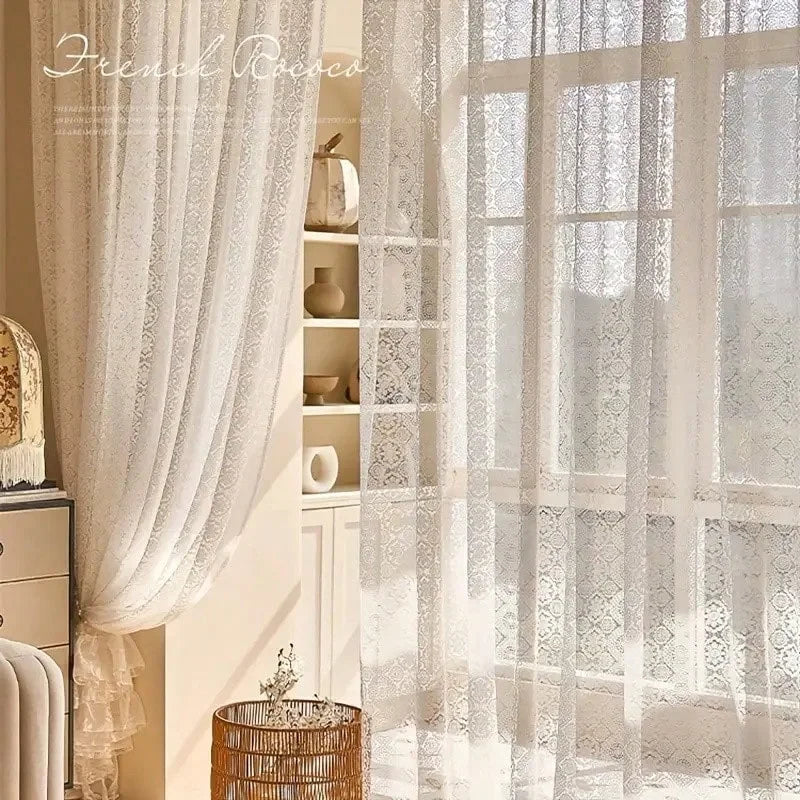 2pcs white lace embroidered mesh knitted sheer curtains in a French retro romantic style, for home decoration.