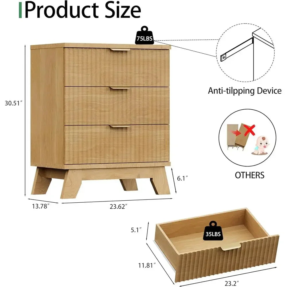 24 Wide Oak Nightstand with 3 Drawers