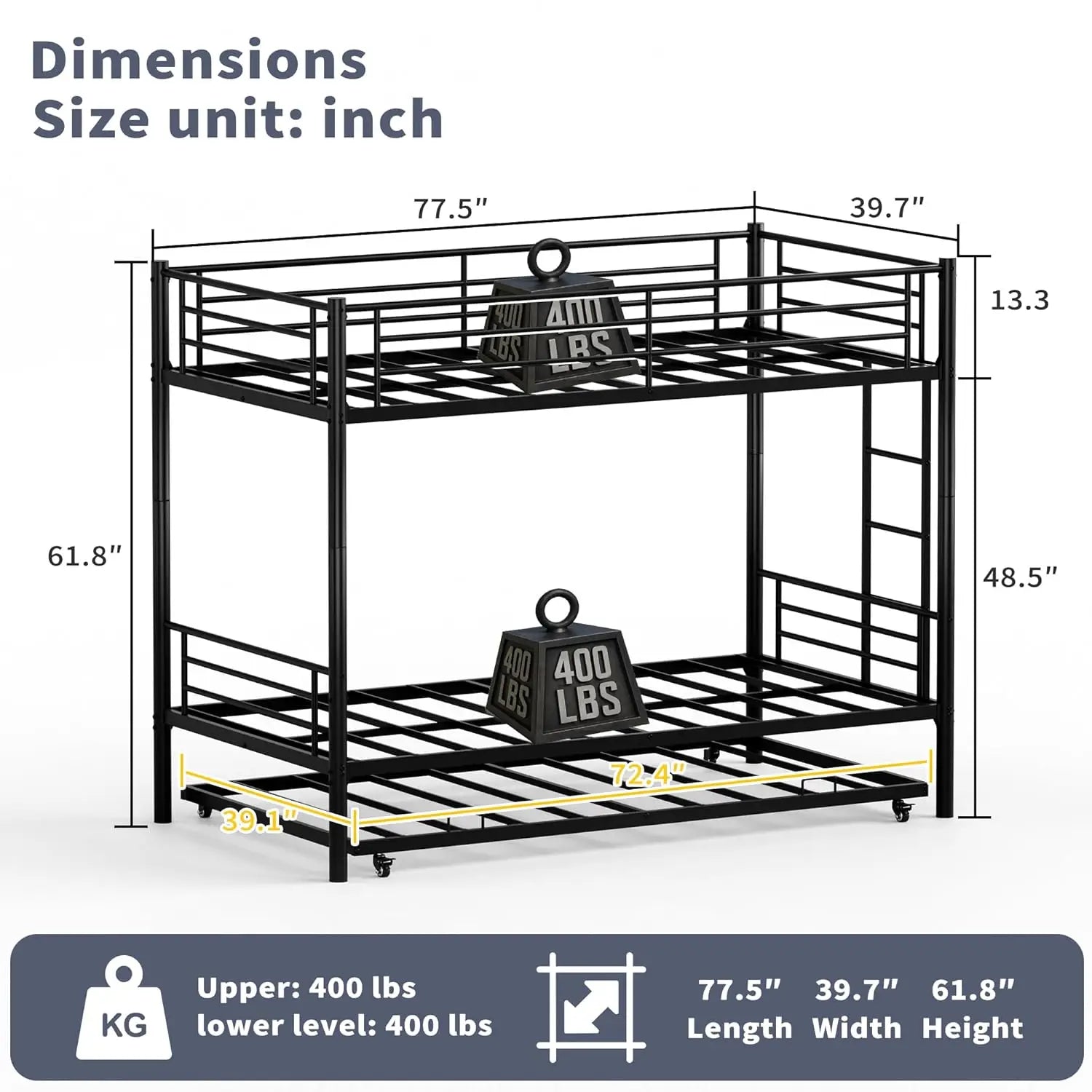 Twin Metal Bunk Bed With Trundle