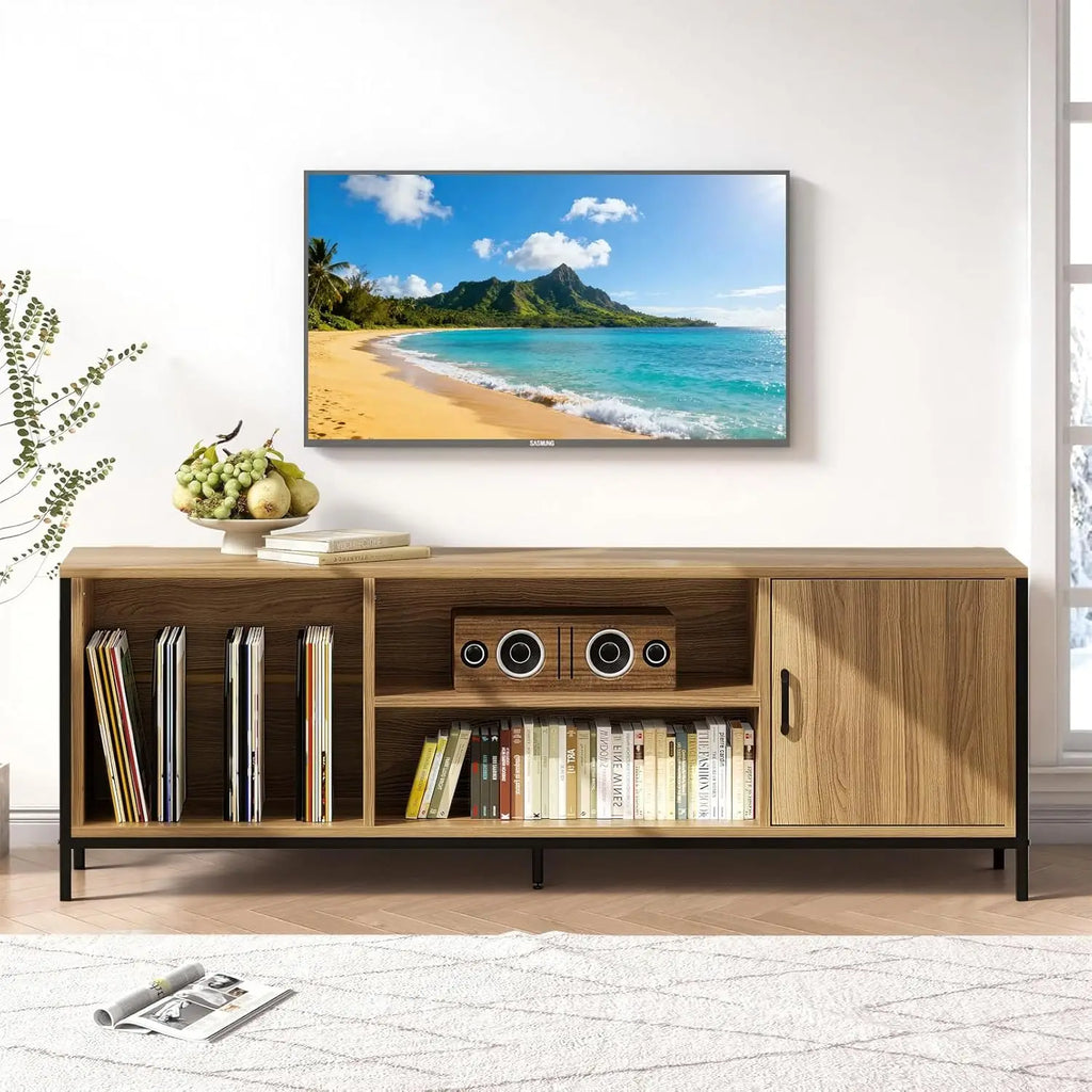 69" Fluted TV Stand Storage Console 3 Drawers & Doors Faux Marble Top Blue