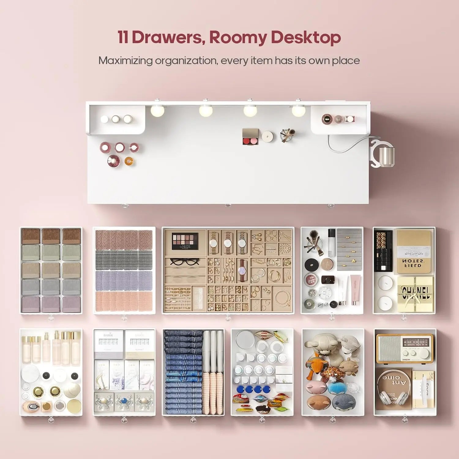 Vanity with Lights and Mirror, 11 Drawer