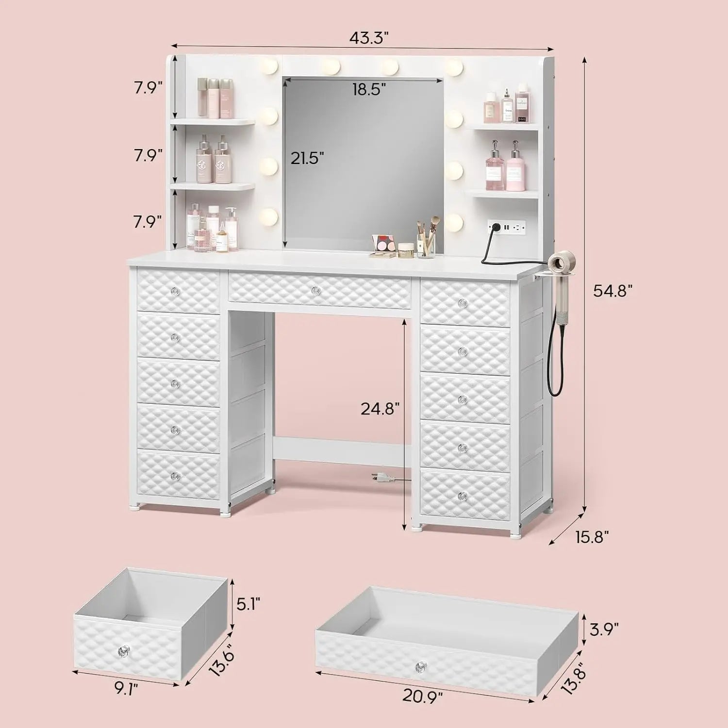 Vanity with Lights and Mirror, 11 Drawer