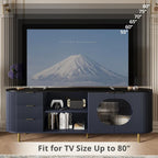 69" Fluted TV Stand Storage Console 3 Drawers & Doors Faux Marble Top Blue