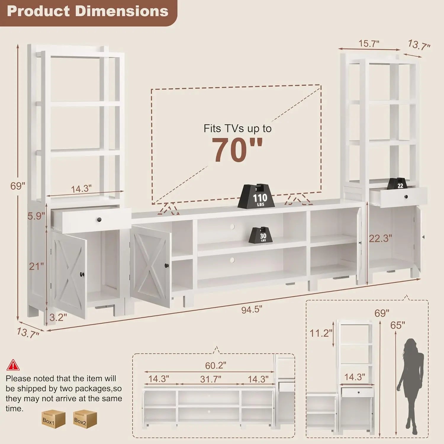 94" Entertainment Center Wall Unit TV Stand Bookshelves Storage