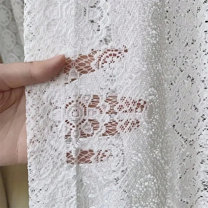 2pcs white lace embroidered mesh knitted sheer curtains in a French retro romantic style, for home decoration.